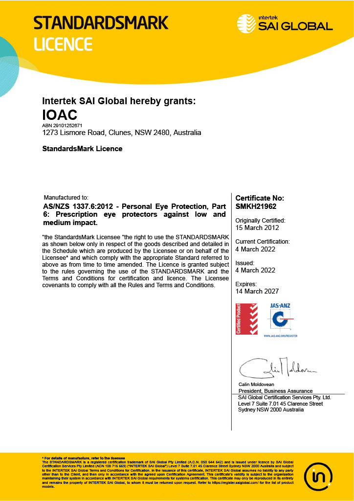 Intertek SAI Global certificate granting IOAC Optical the StandardsMark licence